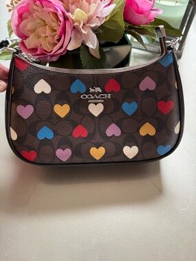 COACH Outlet Brown Signature Heart Print Shoulder Bag with Multicolor Hearts